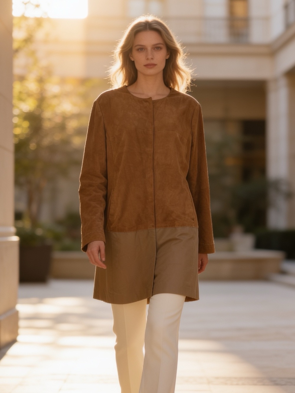 Chico’s Roadster Genuine Suede Leather Car Coat Colorblock Taupe Size 2 Large